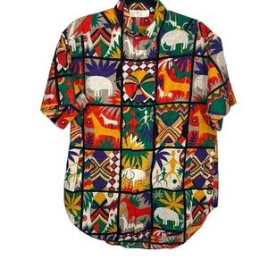 VTG Gottex Art to Wear Safari Animal Design Button Front Short Sleeve Shirt Med